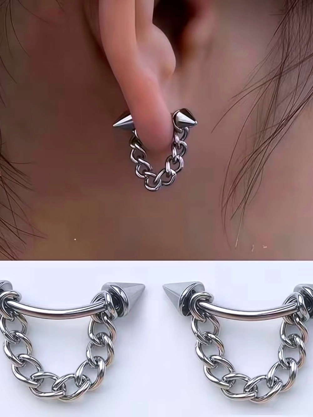 New -Super Cool -Stainless Steel Spiked Chain Earrings